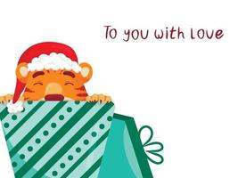 cartão com a inscrição para você com amor com um tigre fofo, o símbolo do ano novo chinês. estilo simples. tigre com chapéu de natal se escondendo em uma caixa de presente vetor