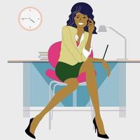 mulher bonita está sentada na área de trabalho. empregado de escritório no local de trabalho. trabalhar no laptop. ilustração vetorial no estilo cartoon vetor