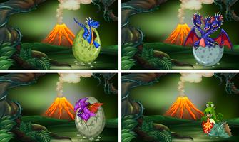 Quatro cenas com dinossauros chocando ovos vetor