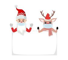 fofa linda personagem de Papai Noel e personagem de rena em pé com um cartaz e usando uma máscara facial vetor