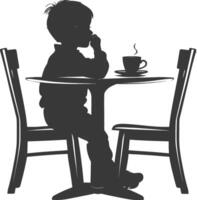 silhueta pequeno Garoto sentado às uma mesa dentro a cafeteria Preto cor só vetor