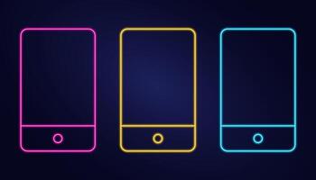 Móvel telefone néon ícone em Sombrio fundo. rosa, azul e amarelo. conjunto luminescente Smartphone. contorno portátil tecnologia. brilho linear toque tela. relâmpago efeito. cor imagem. ilustração vetor