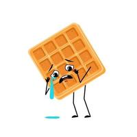 waffle belga de personagem fofo com emoção de choro e lágrimas, rosto triste, olhos depressivos, braços e pernas. cozinheira, sobremesa com expressão melancólica. ilustração em vetor plana