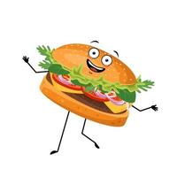 hambúrguer de personagem fofo com emoções felizes, rosto, sorriso, olhos, braços e pernas. pessoa alegre de fast-food, sanduíche com expressão alegre. ilustração em vetor plana de produtos e refeições de carne