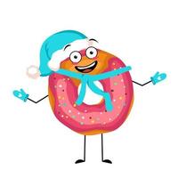 personagem de donut vitrificado fofo com emoções alegres, rosto feliz, sorriso, olhos, braços e pernas no chapéu de Papai Noel com lenço e luvas. ilustração em vetor plana