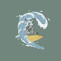um esqueleto cavalga uma prancha de surfe em uma grande onda. um vetor desenhado à mão. para impressões em camisetas, pôsteres e outros fins.