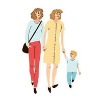 ilustração vetorial colorida de uma jovem família, duas mães e um filho caminhando juntos na rua vetor