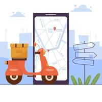 serviço de entrega de cidade em scooter elétrico. bicicleta vermelha com pacote a bordo. smartphone móvel com um mapa e uma rota, marca de caminho no fundo da metrópole. envio online de pacotes de encomendas de alimentos ou mercadorias. vetor