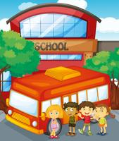 Crianças, ficar, por, schoolbus, em, escola vetor