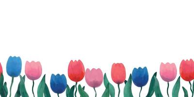 ilustração em vetor de borda feita de tenras tulipas aquarela coloridas em fundo branco