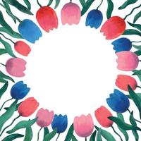ilustração em vetor de flores coloridas em aquarela de tulipas com folhas verdes formando uma moldura redonda