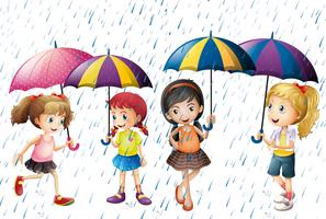Quatro crianças, com, guarda-chuva, sendo, chuva vetor