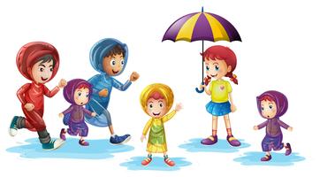 Crianças, desgastar, raincoats, em, chuvoso, estação vetor
