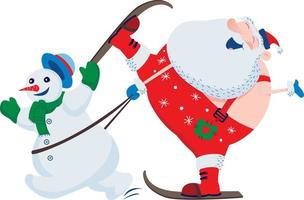 Papai Noel esquiando com um boneco de neve vetor