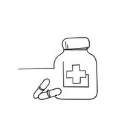mão desenhada frasco de remédio e comprimidos. ícone preto e branco. ilustração vetorial doodle vetor