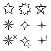 ícones de estrelas do doodle. estrelas cintilantes. brilhos, estouro de brilho. símbolos de vetor de natal isolados estilo desenhado à mão