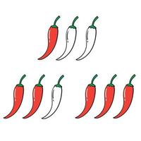 mão desenhada rótulos de nível de pimenta picante. Vector comida picante molho picante leve e extra, ícones de contorno vermelho de pimenta. vetor de estilo doodle