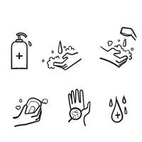 mão desenhado conjunto simples de lavar as mãos relacionados com ícones de doodle de vetor. contém ícones como instruções de lavagem, anti-séptico, sabão e muito mais. vetor