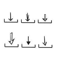 mão desenhada seta para baixo símbolo para ilustração de ícone de download com vetor de estilo doodle