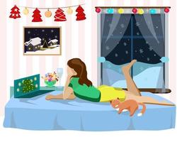 uma garota com um gato deita no sofá e comemora o natal vetor
