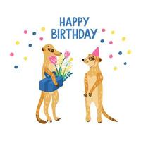 feliz meerkat engraçado segurando uma caixa de presente e flores quer dizer feliz aniversário seu amigo vetor