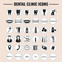 dental clínica luzes capas. dentista gabinete ícones para social meios de comunicação .escova de dente, pasta de dentes, cárie, folheados, dente branqueamento, implantar, cálculo, ortodontia. plano monocromático odontologia ícones conjunto vetor