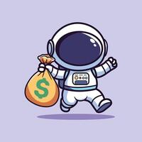 engraçado ilustração do astronout e dólar contas vetor