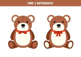 encontrar 3 diferenças entre dois fofa desenho animado Castanho Urso de pelúcia ursos. vetor