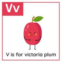 fruta e vegetal alfabeto cartão de memória para crianças. Aprendendo carta v. v é para victoria ameixa. vetor