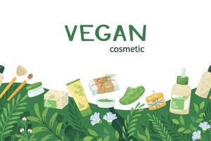 fronteira com natural madeira garrafas, frascos e papel tubos para eco amigáveis vivendo. colorida ilustração orgânico vegano cosméticos para faço acima com verde plantas. zero desperdício estilo de vida conceito vetor