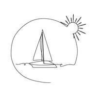 barco a vela, barco, enviar, mar onda e Palma árvore, Sol. a conceito do viagem, descansar, cruzeiro, mar. mão desenhando 1 sólido linha. vetor