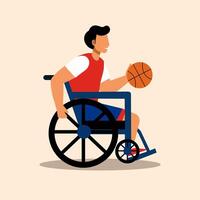 desenho animado ilustração do uma pessoa usando uma cadeira de rodas jogando basquetebol. pára atleta paralímpico cesta. vetor