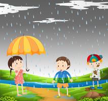 Três crianças na chuva vetor