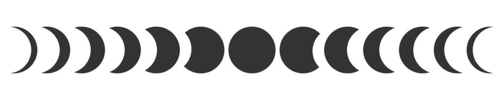 lua fases. lunar calendário ciclo. novo, trimestre, metade e cheio Luna esfera silhuetas isolado em branco fundo. astrologia canta. místico símbolos. vetor