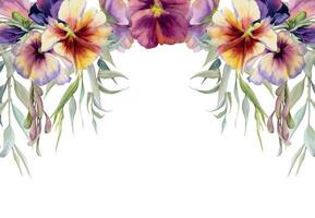 mão desenhado aguarela ilustração, vitoriano botânico flores folhas. amor-perfeito viola, salgueiro eucalipto filial, cinza bordo chaves sementes. quadro, Armação isolado em branco fundo. Projeto casamento, amor cartões vetor