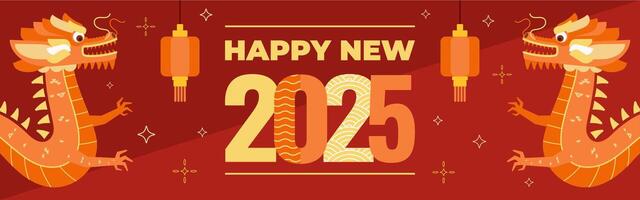 Novo ano bandeira com dois dragões, 2025 Novo ano celebração poster dentro uma plano gráficos vetor