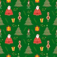 Natal desatado colorida padronizar com fofa santa cláusula, pequeno duende, árvore e cervo, com mutável fundo cor. plano ilustração vetor