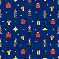 Natal desatado padronizar com fofa pequeno duende, estrelas e presentes, com mutável fundo cor. plano ilustração para impressão e Projeto vetor