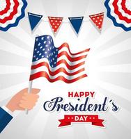mão segurando a flâmula da bandeira dos EUA feliz dia dos presidentes design de vetor
