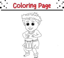 pequeno criança jogando étnico bateria coloração página para crianças e adultos vetor
