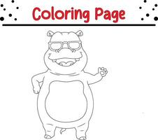 fofa hipopótamo vestindo oculos de sol acenando coloração livro página para crianças vetor