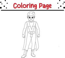 fofa Garoto vestindo Super heroi traje coloração livro página para crianças. vetor