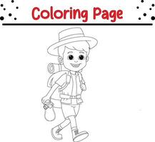 Garoto mochileiro viajante coloração livro página para crianças vetor