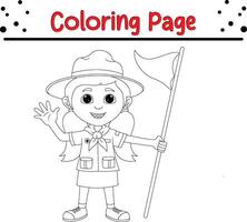 menina escoteiro acenando coloração livro página para crianças vetor