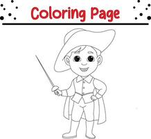 Garoto vestindo mosqueteiro traje segurando espada coloração livro página para crianças vetor