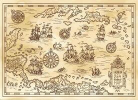 antigo pirata mapa do a caribe mar com navios, ilhas e fantasia criaturas vetor