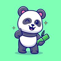 fofa panda segurando bambu com polegar acima desenho animado vetor