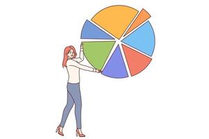 mulher é acionado dentro o negócio analytics e demonstra estatístico gráfico, visualizando dados vetor