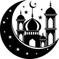 uma Preto e branco silhueta do uma mesquita com uma crescente lua vetor