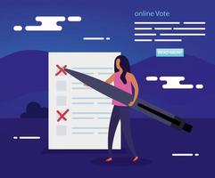cartaz de votação online com mulher e formulário de voto vetor